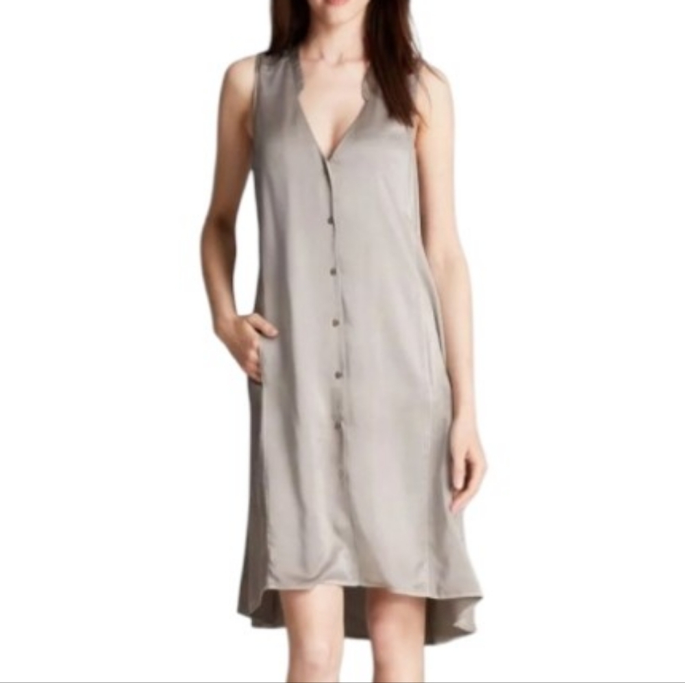 Elegant Eileen Fisher Gray 100% Silk Charmeuse Sleeveless Shirt Dress
